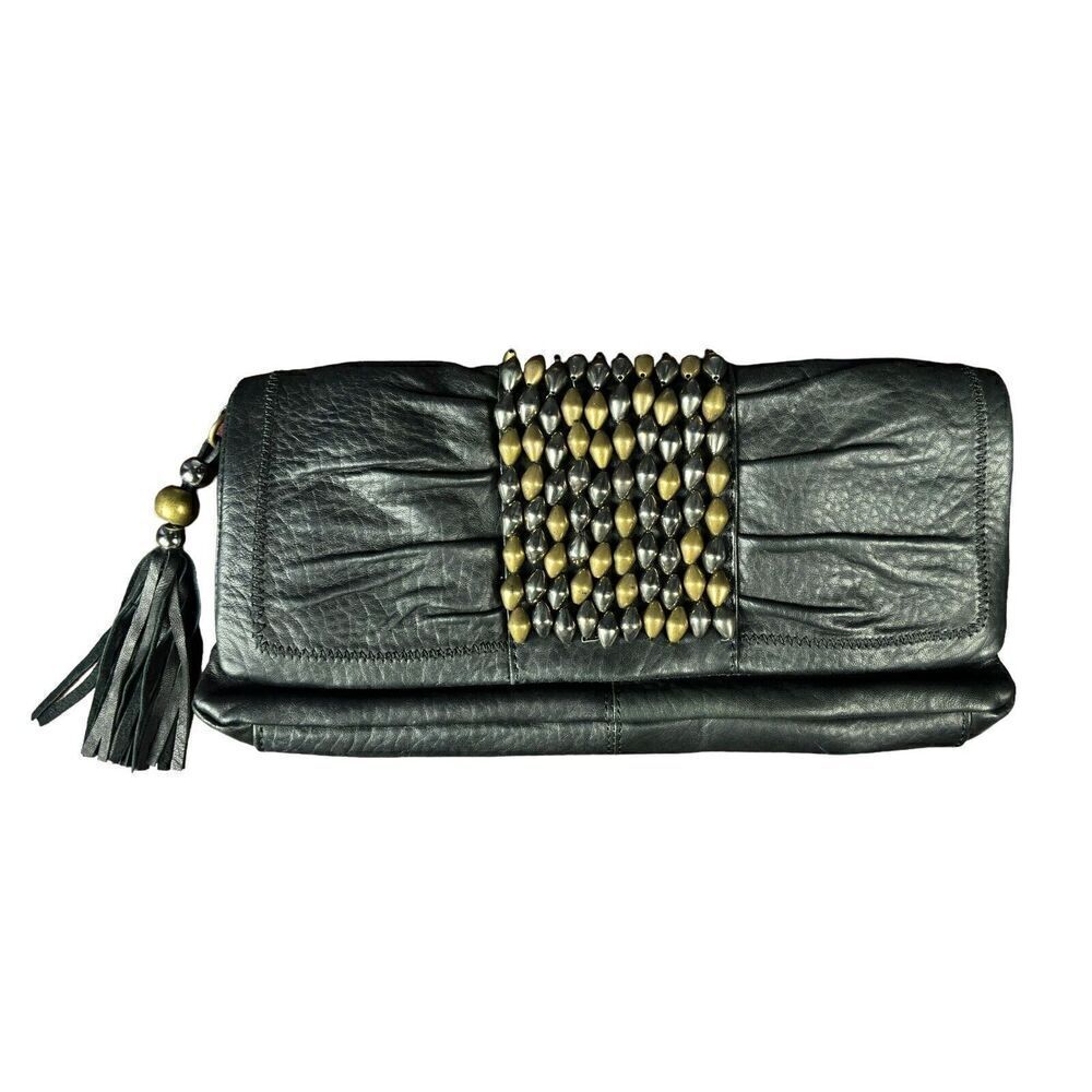 Vince Camuto Clutch Black Gold Metal Studded Tassel Leather Magnetic Purse